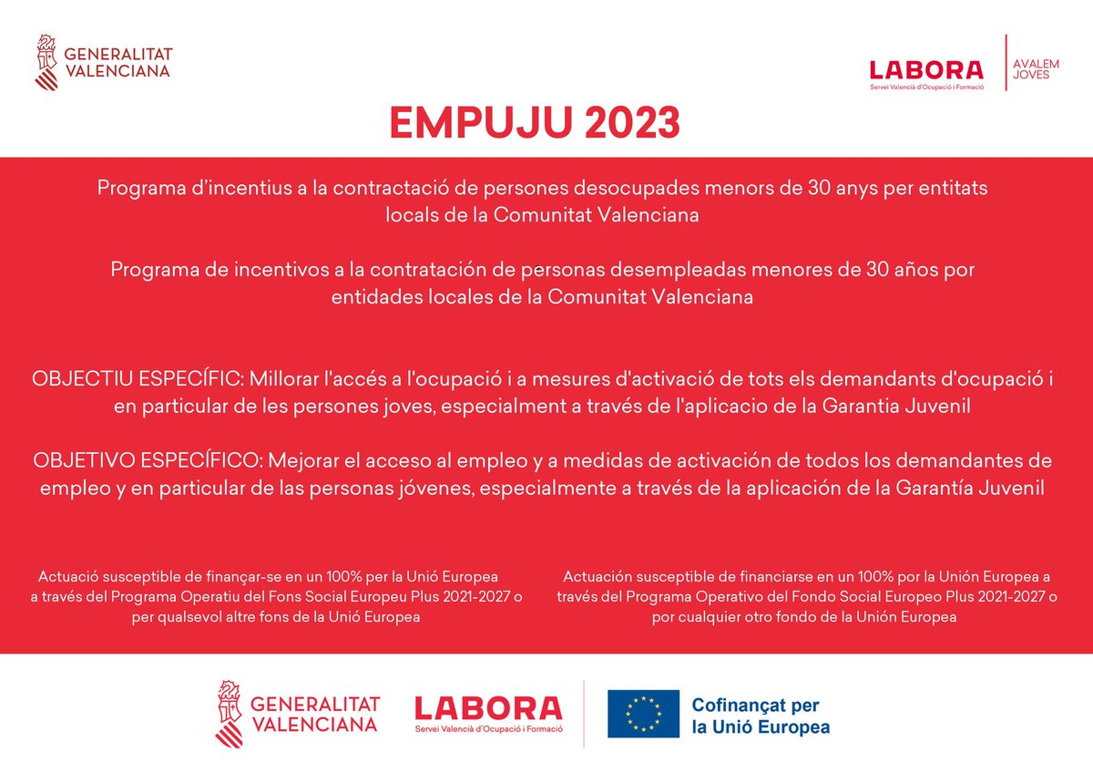 AjuntMassanassa's tweet image. L'Ajuntament de Massanassa contractarà 4 persones a través dels programes EMPUJU i EXPLUS 2023.
Tota la informació i perfils professionals: va.massanassa.es/ver/3587/El-Ay…
#Massanassa #Empuju #Explus