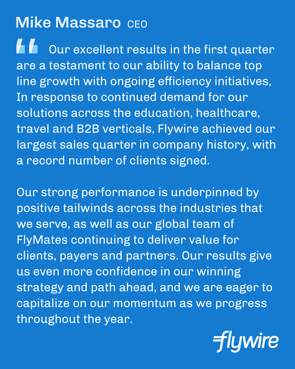 As part of our first quarter 2023 earnings, Flywire delivered continued growth across the business, including adding more than 170 clients across all verticals, generating our largest quarter ever in terms of number of clients signed. Full details: bit.ly/3NXxnTB $FLYW