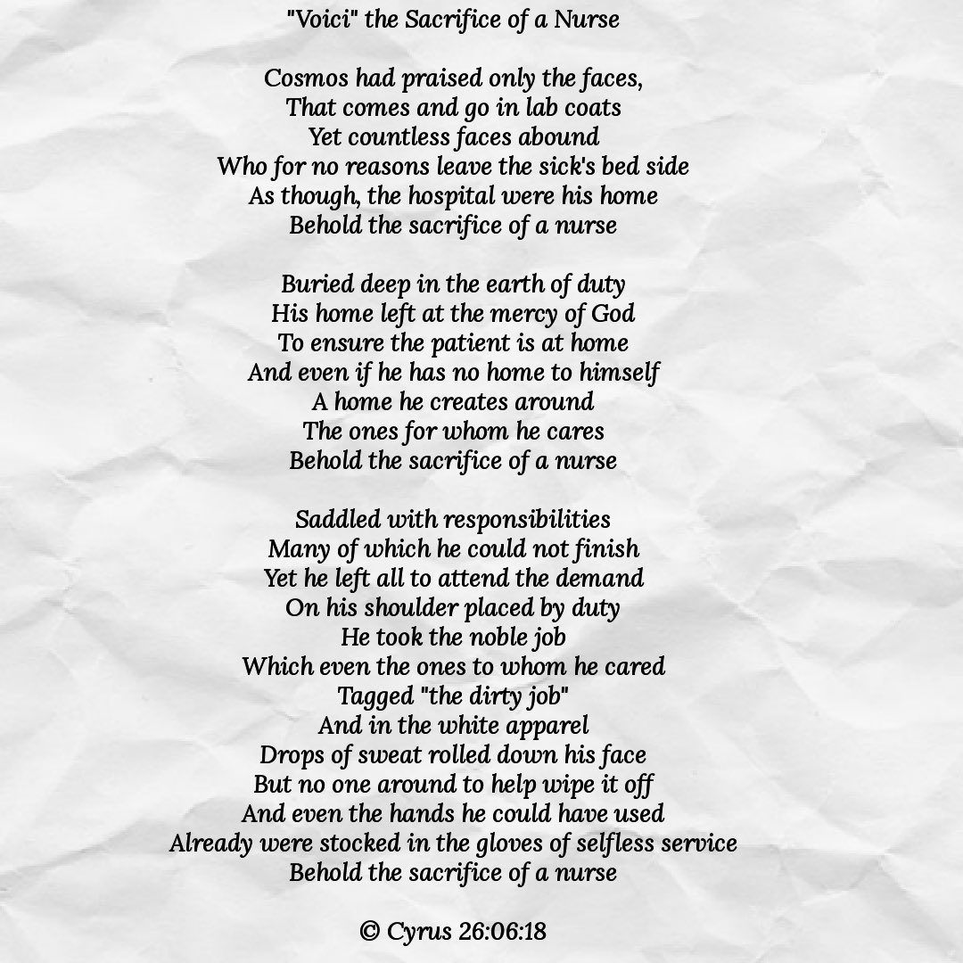 cyrusunik1's tweet photo. This was a poem I wrote in 2018 to celebrate nurses…#HappyInternationalNursesWeek, #happyinternationalnursesweek, #Happynursesweek, #nurses, #celebratingnurses, #globalnurses, #nursesareheroes, #nursesareangels https://t.co/HX3hjBwEN2
