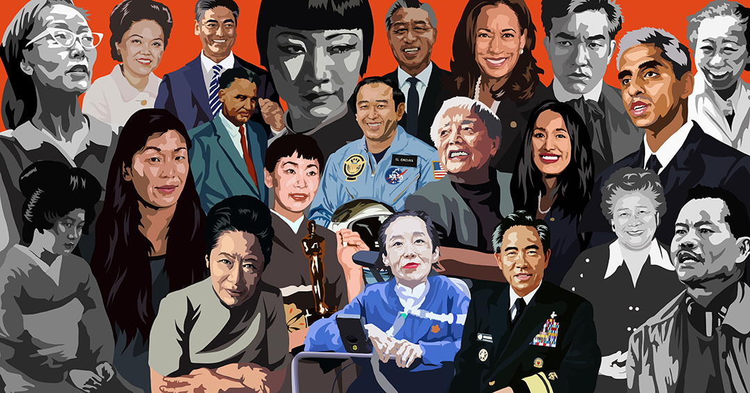 An illustrated collage featuring portraits of Asian Americans, Native Hawaiians, and Pacific Islanders (AANHPI) leaders who are activists, policymakers, and healthcare workers.