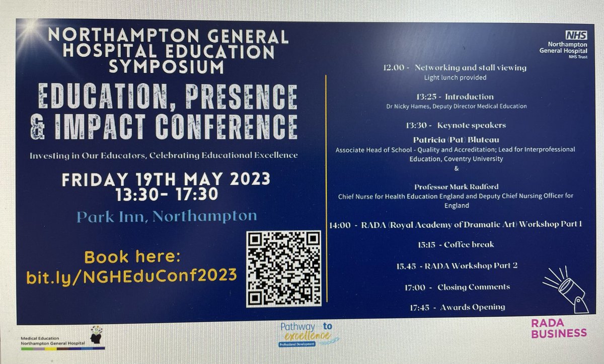 Education Alert! #Teamngh are holding an inaugural education symposium, key note speaker @MRadford_HEECN & RADA business 
delivering an exciting session on presence and impact on learners, patients & colleagues. NGH colleagues use the QR code to book on!