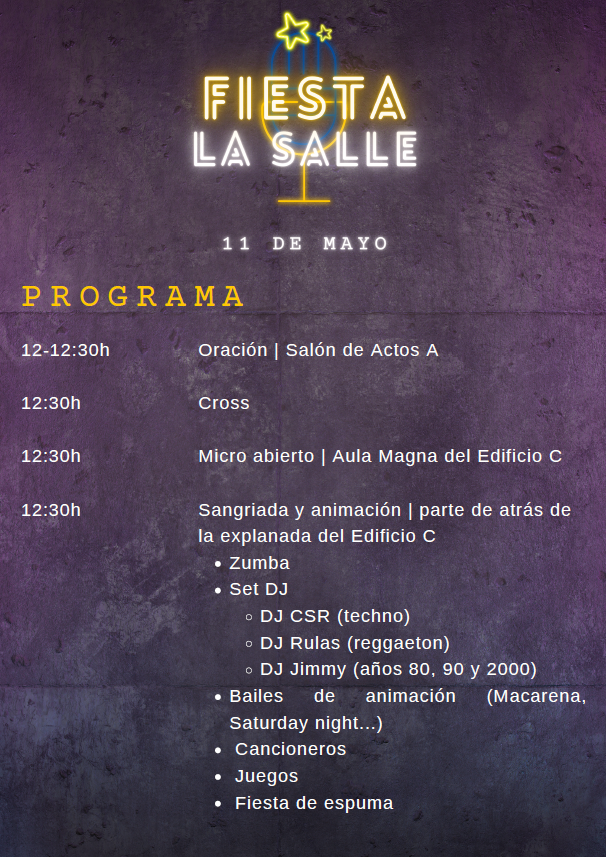 💥 Mañana a partir de las 12h disfrutaremos de la celebración del Día de La Salle.
👁️ Echa un vistazo al programa.
🤗 ¡Os esperamos!
#FiestaLaSalle