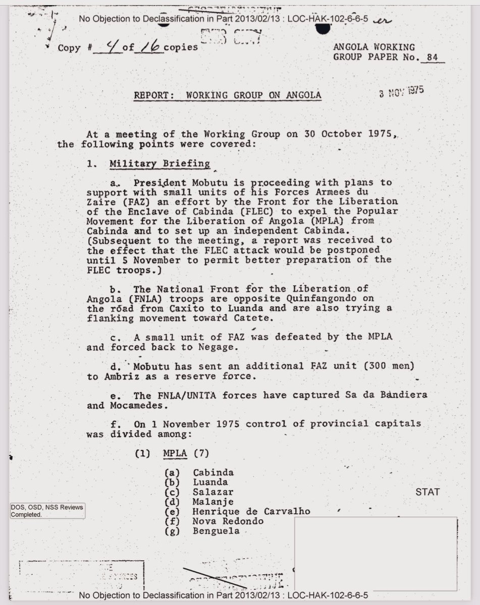 giressbaggothy's tweet photo. Apprenons de notre histoire.
Rétro ⏮️🇦🇴🇨🇩 : L’implication du zaïre dans la guerre en Angola. Ce rapport CIA relate la situation militaire au 11 novembre 1975, alors que le pays se préparait à l'indépendance et que les différents groupes Pô et militaires se disputaient le pouvoir. https://t.co/nfSKvAGCIK