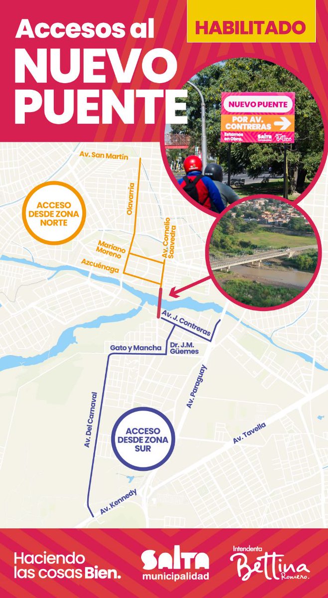 "El PIDUA I, fue determinado en 2003, y el PIDUA II lo promulgó <a href="/RomeroBettina/">Bettina Romero</a> priorizando las arterias a trabajar. En poco tiempo hemos logrado hacer este puente, después de 18 años. Fue financiado la mitad por Nación y la mitad por el @GobCiudadSalta"; @MariaEugeniaAn9