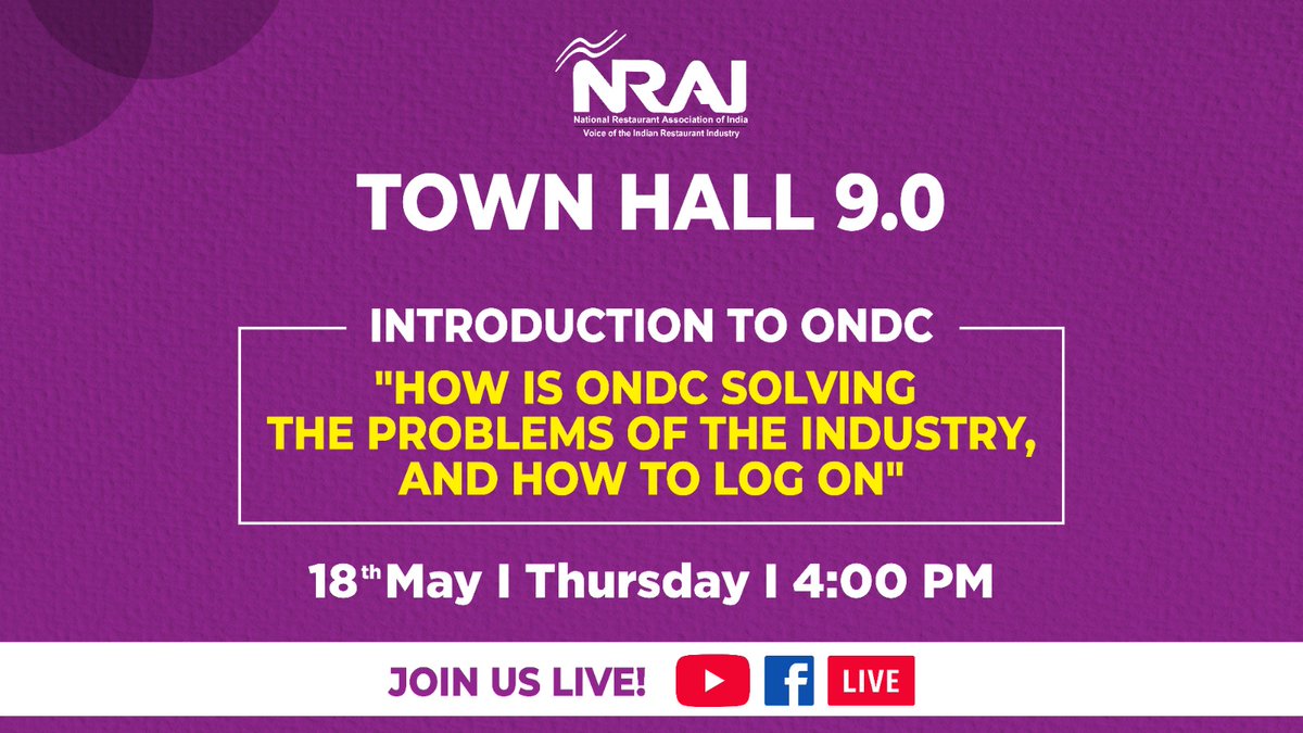 NRAI invites you to the Town Hall 9.0 “Introduction to ONDC (Open Network for Digital Commerce) Solving the problems of the Industry, and how to log on” To save the date, click on the link below: FB fb.me/e/1dhjlceS6 YouTube youtube.com/watch?v=L8IJWA… #NRAITownHallMeeting