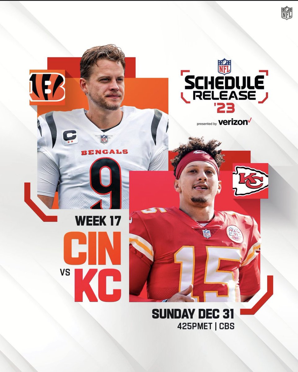 AdamSchefter's tweet photo. The NFL’s New Year’s Eve party: Bengals at Chiefs, Dec. 31, Week 17, 4:25 ET on CBS. https://t.co/5vXRGECe6D