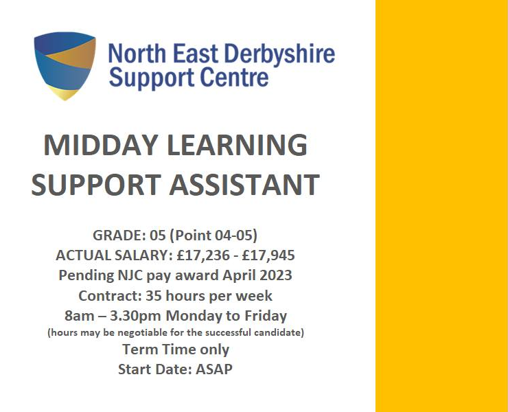 Midday Learning Support Assistant Wanted: For info visit Esteem Website athttp://esteemmat.co.uk/jointheteam. Please use relevant application form on website;  Closing date: 19th May 2023  #vacancies #jobsearch #JobAlert #derbyshirejobs #EducationJobs #Jobs #jobvacancy