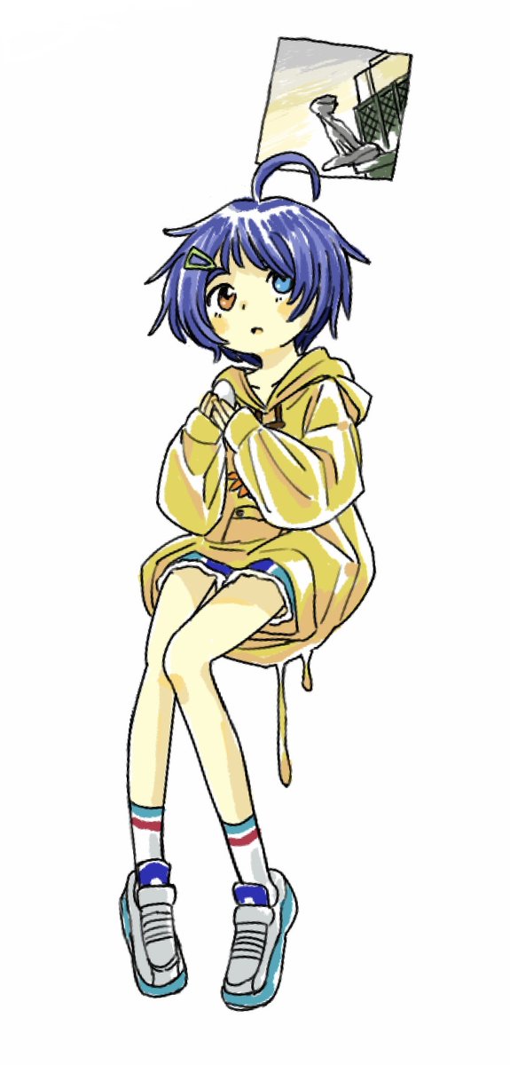 1girl heterochromia photo inset yellow hoodie hood blue hair short hair  illustration images