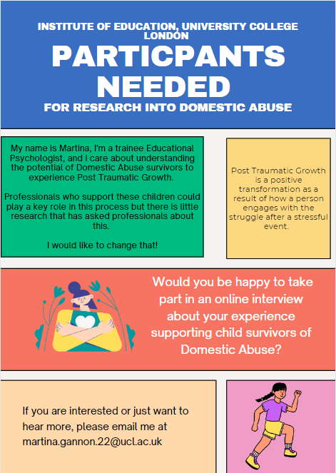Are you a professional who has supported children and young people who have experienced Domestic Abuse? Please see flyer below. If you are interested to learn more/are doing research in this field and want to connect, I would love to hear from you. Shares are much appreciated!