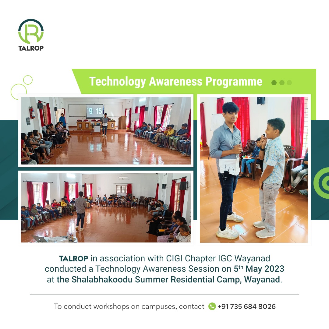 talropworld's tweet photo. Talrop in association with CIGI Chapter IGC Wayanad conducted a Technology Awareness Session on 5th May 2023, at the Shalabhakoodu Summer Residential Camp, Wayanad.

#Talrop #Workshop #eKeralaMission https://t.co/Tj2m1ZWZw7