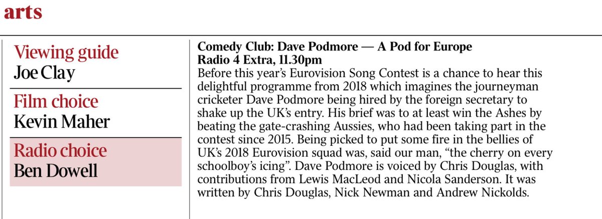 Those nice people ⁦@thetimes⁩ have made #DavePodmore’s R4 Eurovision extravaganza A Pod For Europe their pick of the day. On R4 Extra tonight at 11.30 , with ⁦@Chrishdouglas⁩ ⁦@NSanderson⁩ ⁦@lewismacleod⁩ produced by ⁦@jondharvey⁩ , very much so.