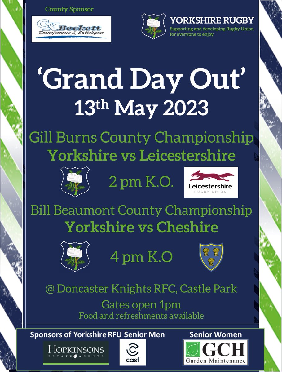 Saturday 13th May
Yorkshire Rugby Football Union
'Grand Day Out' double header fixture
at @CastleParkDRFC 
Women's game vs @FOR_LRU  KO 14:00
Men's game vs @CheshireRFUNews  KO 16:00
Tickets on sale drfc.co.uk/tickets/
Get the support out
#ForYorkshire