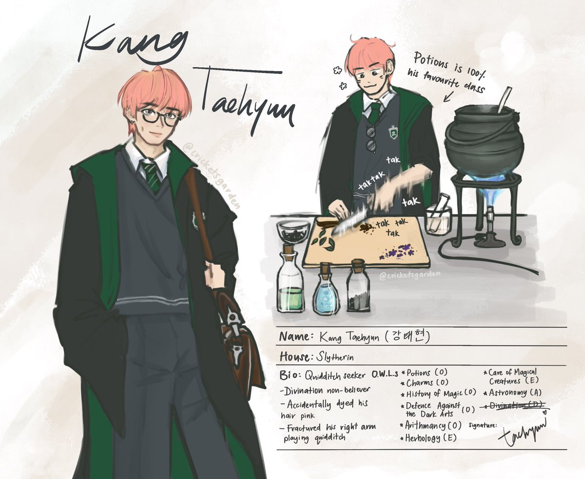 cricketsgarden's tweet photo. pink hair slytherin seeker taehyun for the soul 😇 #TXTfanart #taehyunfanart https://t.co/HnRr2VUL3Q
