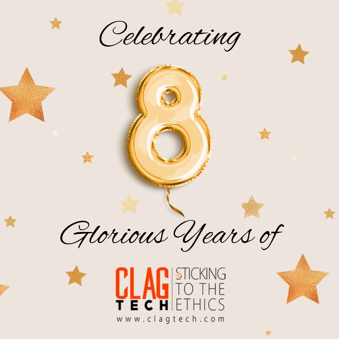 ClagTech's tweet photo. Celebrating 8 amazing years of success! #ClagTech reaches a #milestone on May 4th, 2023. A big thanks to our clients, partners, and team for making it possible. Here's to continued growth and innovation! #ClagTechAnniversary #8YearsStrong #TechSuccess https://t.co/XsrRiC8PsH