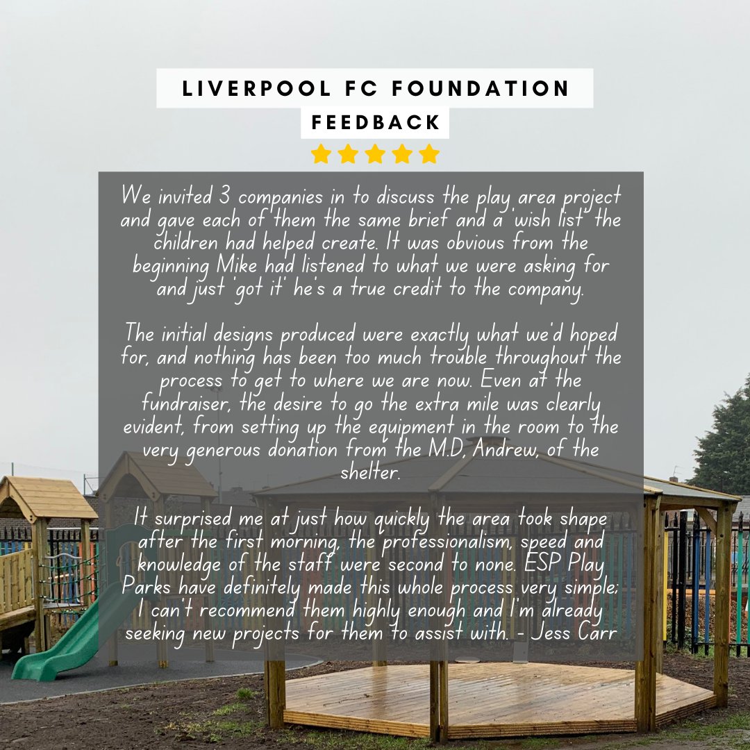 ESPPlayparks's tweet photo. Hear what Jess Carr from the LFC Foundation had to say about working with us ⬇️ 

If you would like to enquire about the Play Parks we offer please take a look at our website or contact one of our design specialists today ⬇️

🖥️ https://t.co/vEbs1OUl9Q
📩 info@espplay.co.uk https://t.co/azklUYWnE1