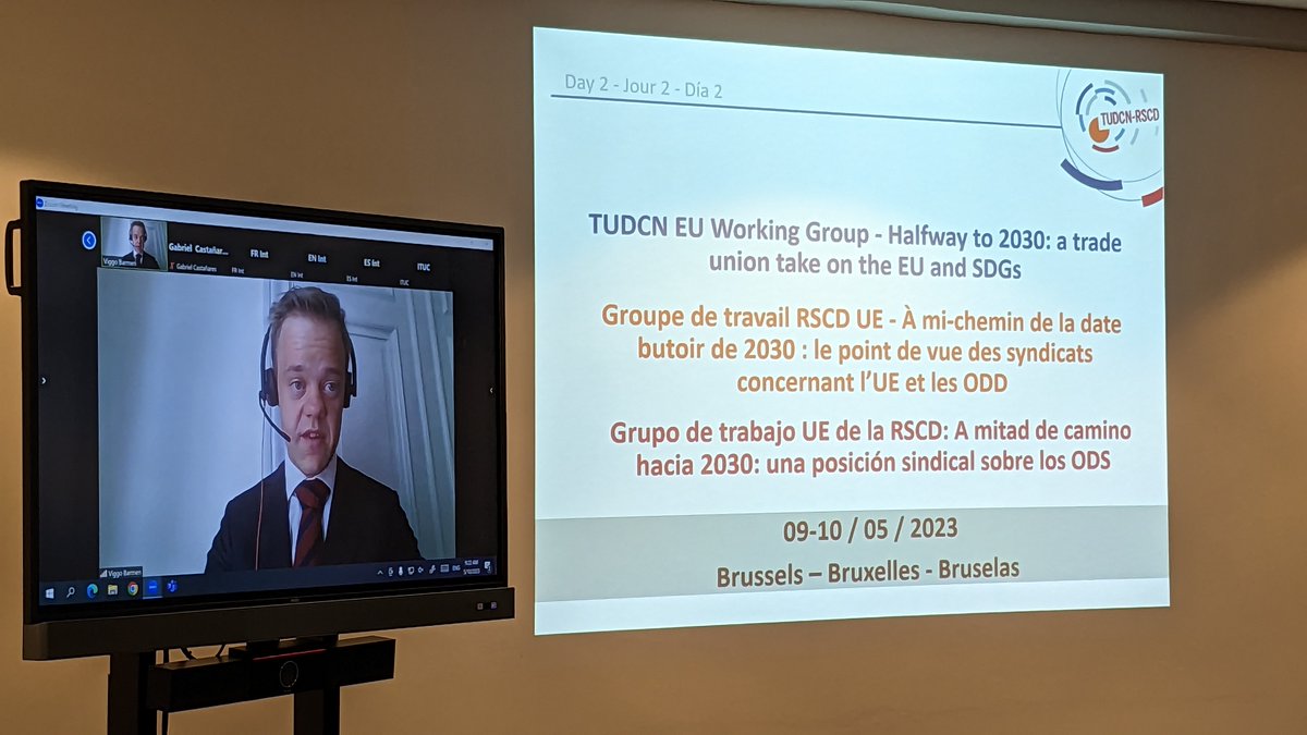TUDCN_rscd's tweet photo. Trade unions of #EU #memberstates are meeting today in #Bxl to discuss the EU's upcoming VoluntaryReview and #Sweden &amp; #Spain EUPresidencies' approach to the #SDGs w/ @EU_Commission @ElisaRoller, @sweden2023eu Viggo Barnen &amp; @Agenda2030Gob Gabriel Castañares #HLPF2023 #2030Agenda https://t.co/qSj0qvOyLO
