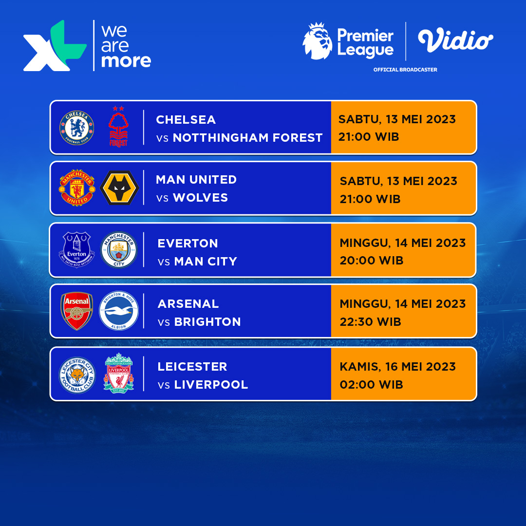 Jadwal pertandingan seru Liga Inggris minggu ini yang bisa kamu streaming di Vidio dengan jaringan tercepat XL.

Aktifkan Vidio Diamond di Aplikasi myXL untuk nonton tim favoritmu di EPL!
bit.ly/EPLVidioDiamond

#WeAreMore