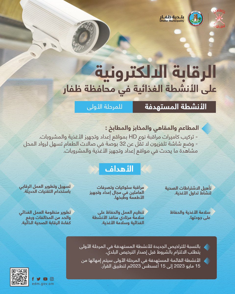 #إعلان | #بلدية_ظفار 

🔺 الرقابة الالكترونية على الانشطة الغذائية في محافظة ظفار.