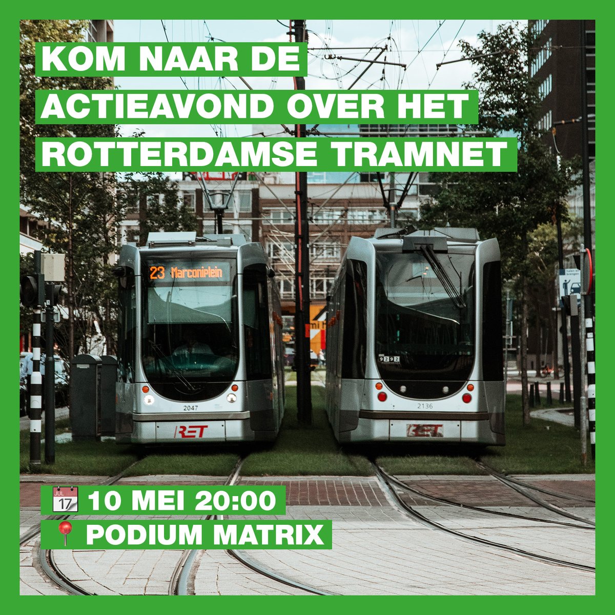 Kom naar de actieavond en spreek je uit over de toekomst van het Rotterdamse tramnet! 🗣️ Raadslid <a href="/Biljoen/">Marvin Biljoen</a> komt vertellen over de mogelijkheden naar aanleiding van zijn bijdrage in de gemeenteraad. ❤️💚