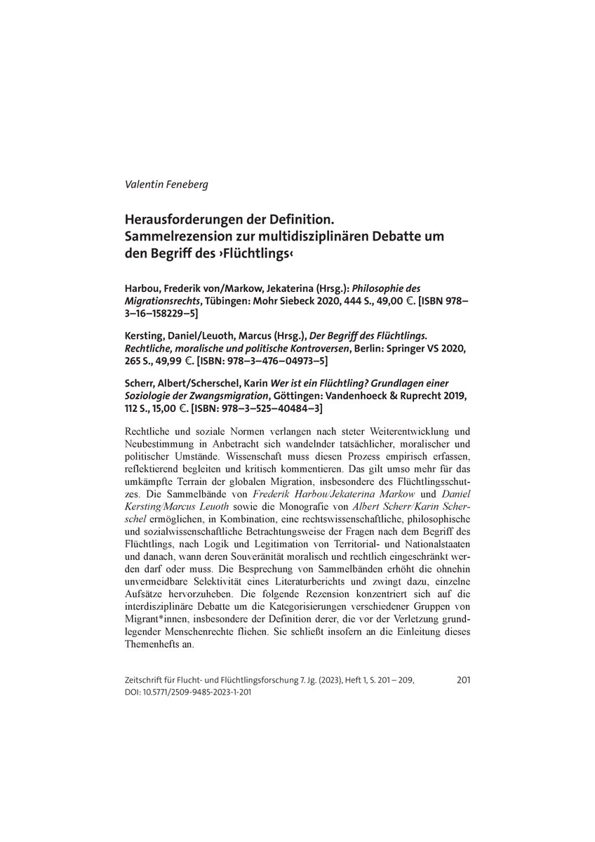Rezension in der neuen Ausgabe der <a href="/ZFlucht/">Z'Flucht</a> "Herausforderungen der Definition. Sammelrezension zur multidisziplinären Debatte um den Begriff des ›Flüchtlings‹" verfasst von Valentin Feneberg ist erschienen.

nomos-elibrary.de/10.5771/2509-9…