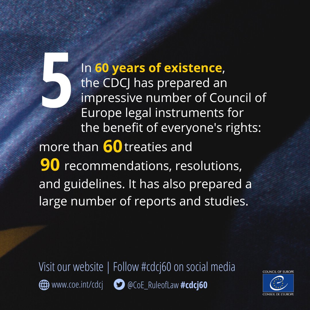 CoE_RuleofLaw's tweet photo. We are looking forward to celebrating the 60th anniversary of the @coe 🇪🇺Committee on #LegalCooperation!

Since 1963, the CDCJ has been serving everyone's #rights by setting 🇪🇺standards on public and private law topics.

Learn 5 facts about the CDCJ ⬇️ and follow #cdcj60 stories!