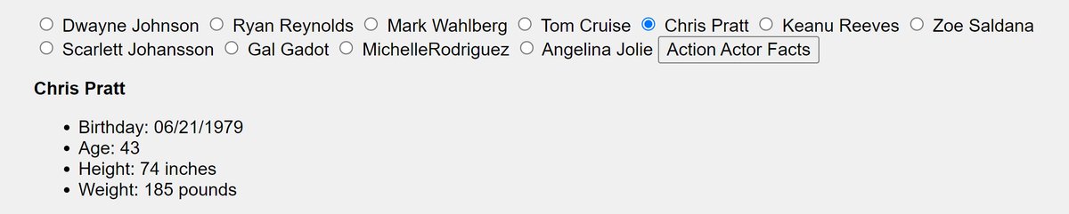 SeaFilmz's tweet image. Day 6 of #10DayWebBuild
- Built an interactive feature to display facts about each action movie actor
- Would like to improve the design and responsiveness of the website