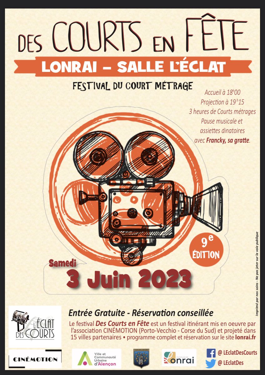 Rendez-vous le samedi 3 juin salle de l’éclat à Lonrai pour la 9e édition du festival de courts-métrages des courts en fête 🎬 venez voter pour votre court préféré