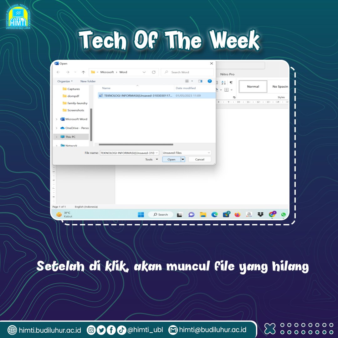 himti_ubl's tweet image. Halo smarTizen👋
Sudah pada tau belum cara memulihkan file ms word yang belum tersimpan karena laptop mati dan lupa untuk save file?
Yuk langsung aja di swipe.
Semoga Tips&Trick membantu dan tentunya bermanfaat untuk kalian.
#himti_ubl
#tipsandtrickhimti
#teknikinformatika