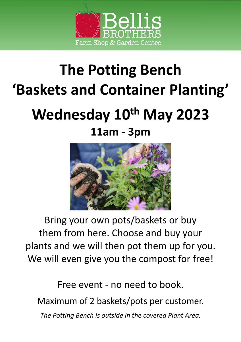 BellisBrothers's tweet photo. Happening today! Are you joining us? No need to book, just turn up! 11am to 3pm. #hangingbaskets #pots #freecompost #gardencentre #wrexham https://t.co/ZJ3z42hlhS
