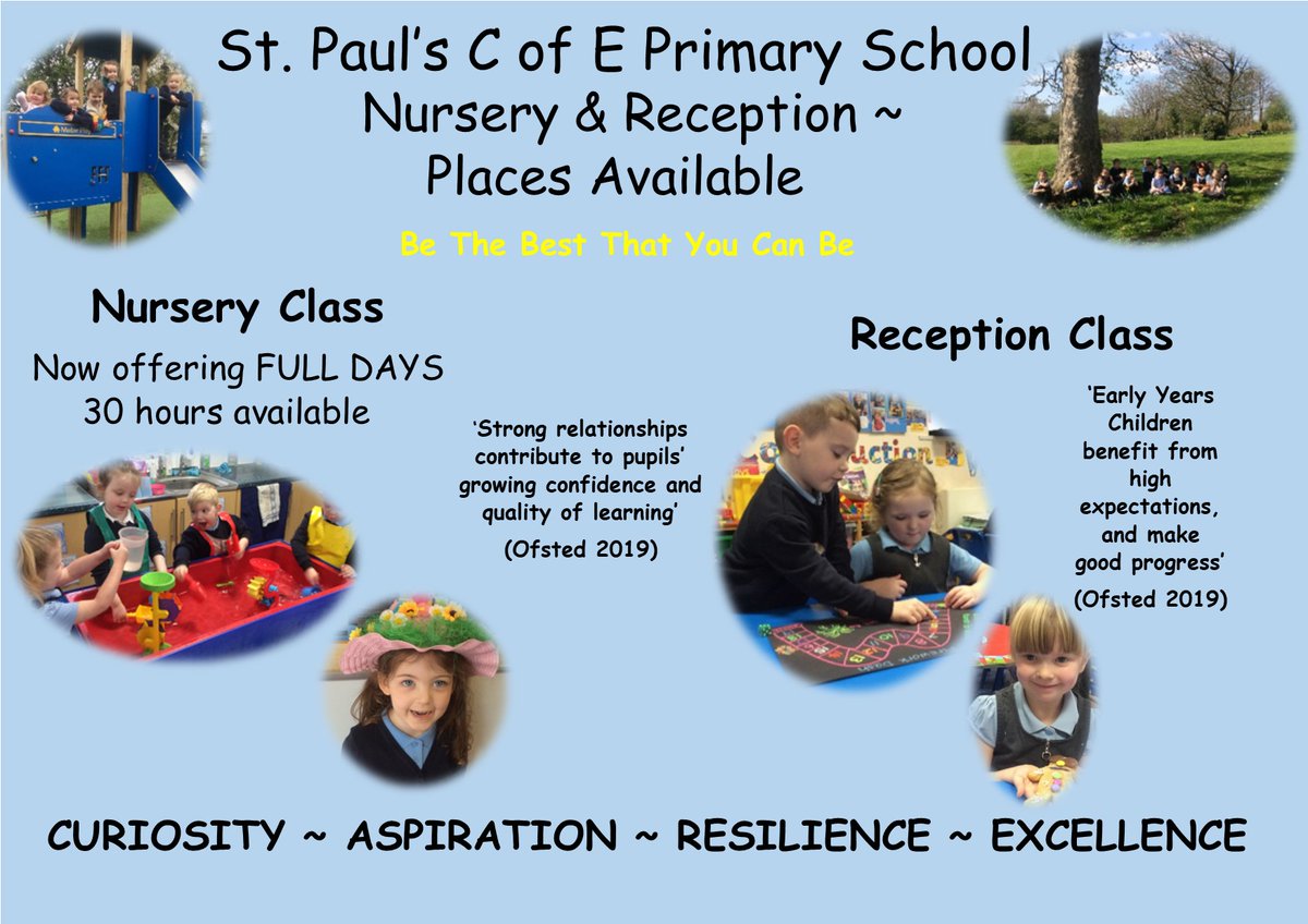 Nursery and Reception places available for September 2023 start.  We are now offering full days in Nursery, with 30 hours available.  Please call the school office if you would like to visit.