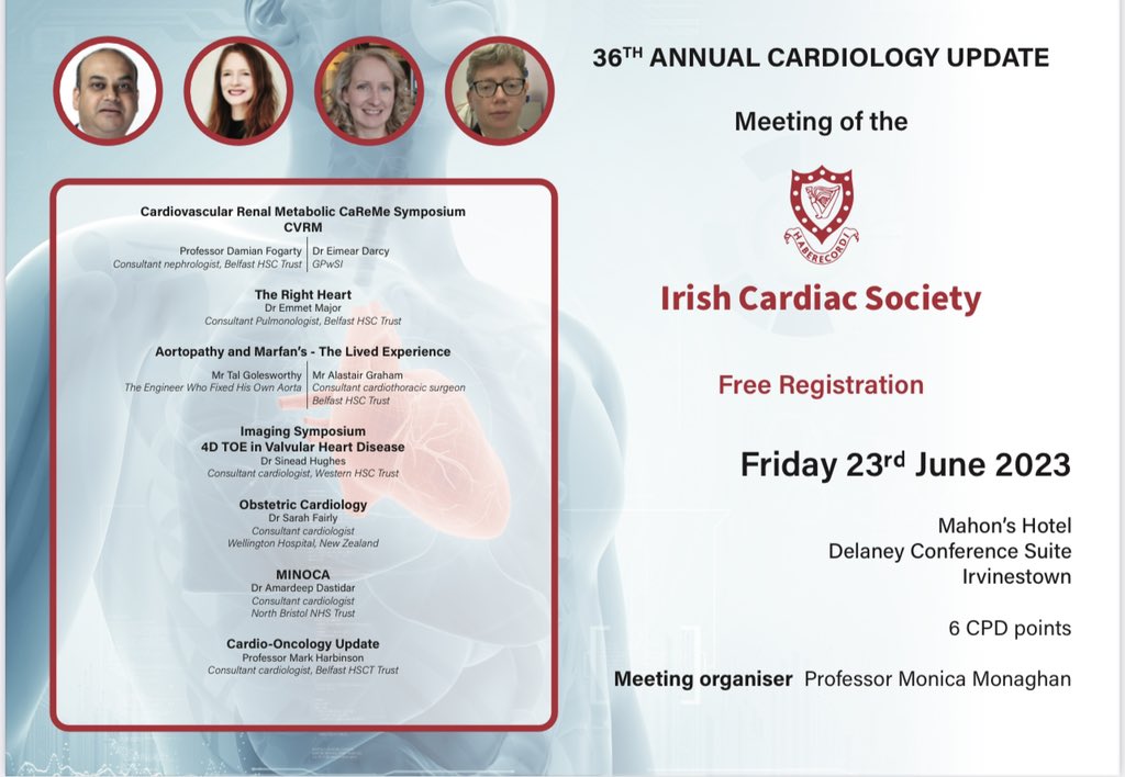 Prof Monica Monaghan FESC PhD MBBCh BSc FRCP (@mmonaghan07) on Twitter photo 🌟🌟🌟Hold The Date🌟🌟🌟
🌟Free Registration opening soon🌟
Superior Faculty across the spectrum of cardiovascular pathology
Delighted to facilitate the 36th Annual South West Acute Hospital Cardiology Update in association with The Irish Cardiac Society <a href="/irishcardiacsoc/">IrishCardiacSociety</a> 🌟🌟🌟Hold The Date🌟🌟🌟
🌟Free Registration opening soon🌟
Superior Faculty across the spectrum of cardiovascular pathology
Delighted to facilitate the 36th Annual South West Acute Hospital Cardiology Update in association with The Irish Cardiac Society <a href="/irishcardiacsoc/">IrishCardiacSociety</a>