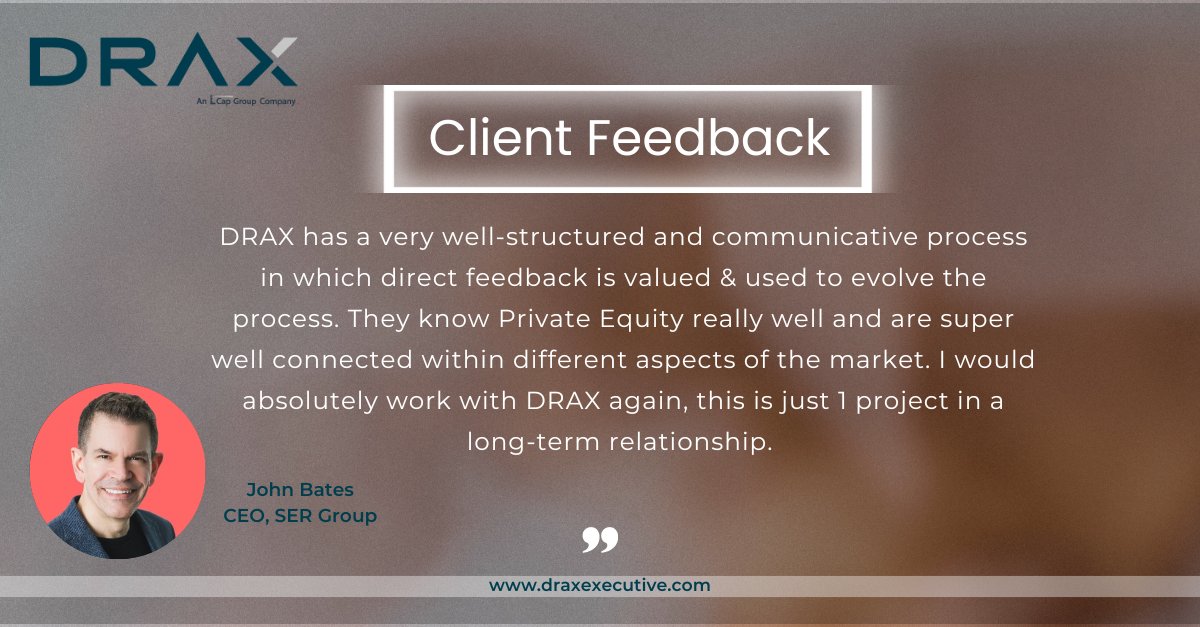 Today, we're sharing some client feedback from John Bates, CEO of SER Group. The DRAX Tech practice collaborated closely with John to place a Chief Marketing Officer.​ Watch his full testimonial here:  bit.ly/3LUkiYP​
#Clientfeedback #dataledsolutions #leadershipinsights