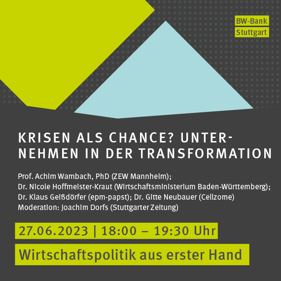 ZEW's tweet photo. Save the Date! #WirtschaftspolitikausErsterHand mit Dr. Nicole Hoffmeister-Kraut @WM_BW, Dr. Klaus Geissdörfer @ebmpapst_News, Dr. Gitte Neubauer #Cellzome und #ZEW-Präsident  @AchimWambach zu Unternehmen in der #Transformation am 27. Juni ab 18 Uhr. ➡️ https://t.co/x6fLJ1ecK0 https://t.co/XhYLLl7uWb