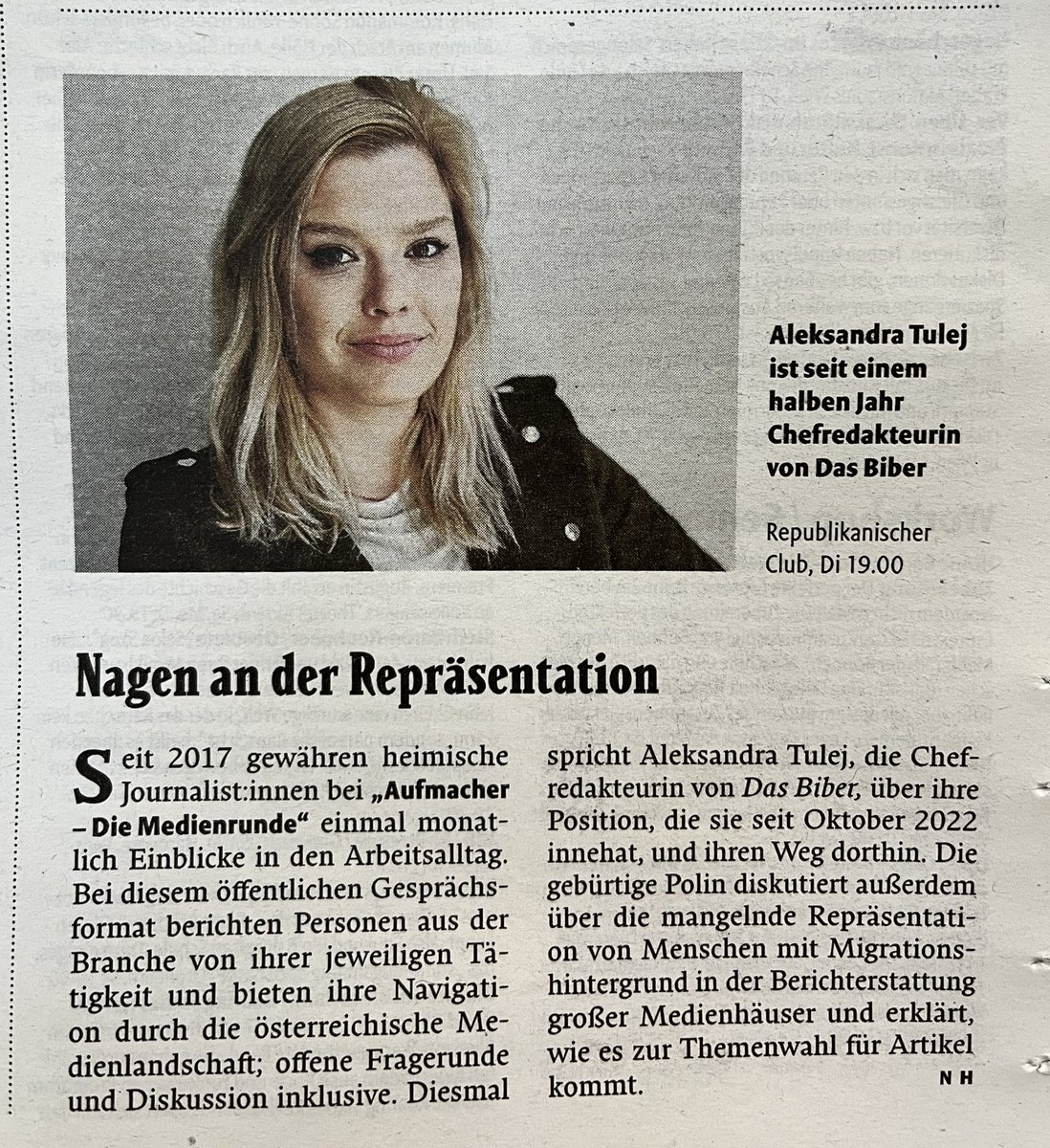 Der <a href="/falter_at/">@falter_at</a> empfiehlt unsere Medienrunde mit <a href="/AleksandraTulej/">Aleksandra Tulej</a>. Es gibt “Navigation” 🧭 ☺️ nur zur Fischerstiege 1-7 müsst ihr am Dienstag selbst finden. Bis dann!
