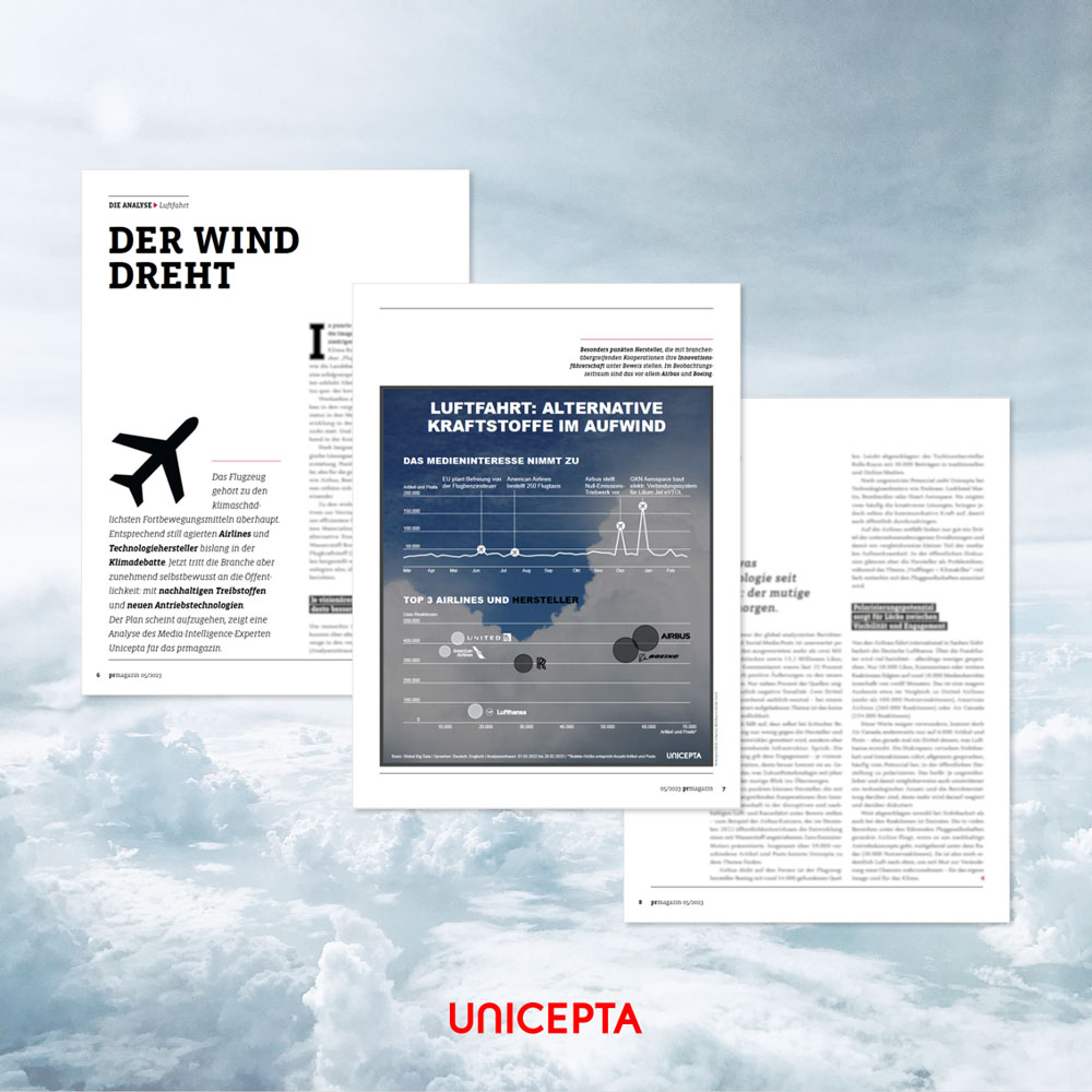 unicepta_news's tweet image. The latest issue of @pr_magazin features the UNICEPTA analytics report on the aviation industry. Who claims #thoughtleadership in aviation on topics of alternative fuels and drive systems? Find out who’s leading the charge and get the latest issue here: prmagazin.de/shop/