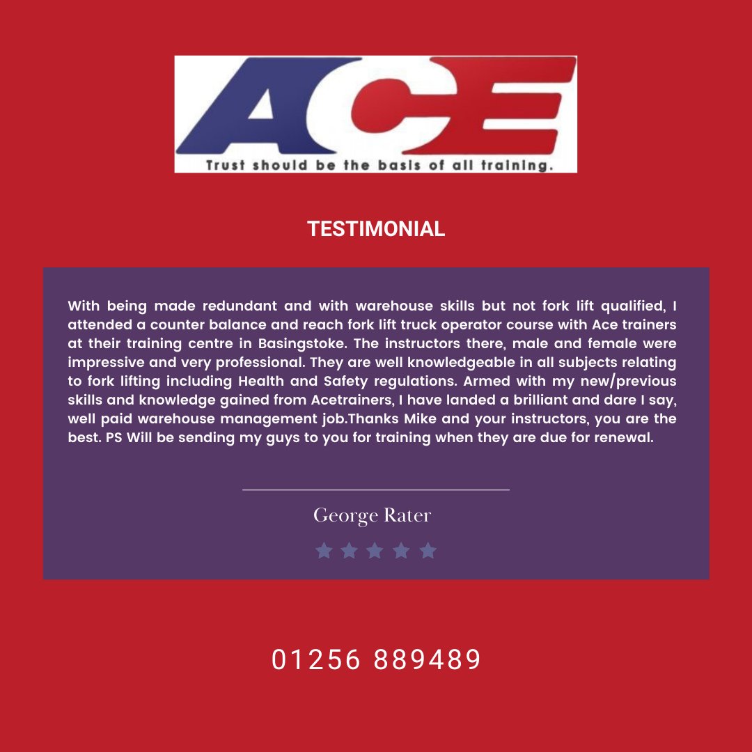 AceTrainers's tweet image. Thank you for your kind words about our services George 🙌

#acetrainers #worktraining #training #trainers #trainingcourses #courses #materialhandling #plantequipment #healthandsafety #healthandsafetytraining #instructortraining #vehicletraining