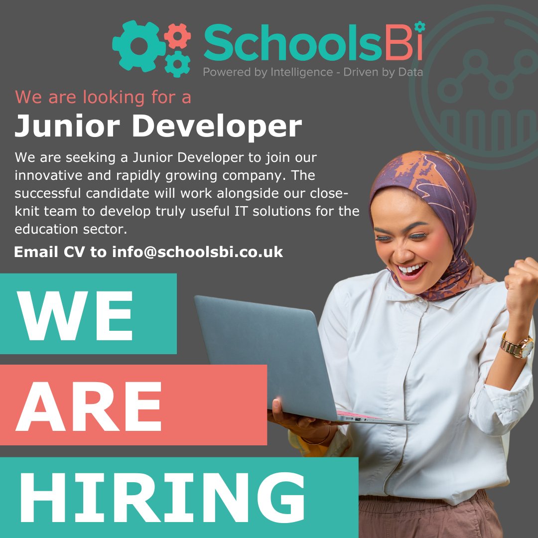 schoolsbi's tweet image. We are hiring!🥳

We are seeking a Junior Developer to work alongside our close-knit team to develop truly useful IT solutions for the education sector👏.

Visit our job listing to find out more:
lnkd.in/eUJGcWy5

#Hiring #EdTech #DataAnalyics