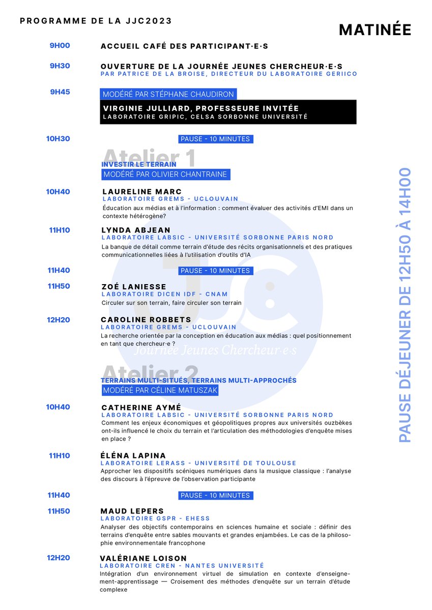 JJC_GERiiCO's tweet photo. Le programme de la Journée Jeunes Chercheurs 2023 du laboratoire @GERiiCO est fixé ! #JJC2023 #SIC 

Si vous souhaitez assister à cette journée, rendez-vous le 26 mai 2023 dès 9H00 à Roubaix @infocom_lille3 ! https://t.co/UFDH4YMcxH