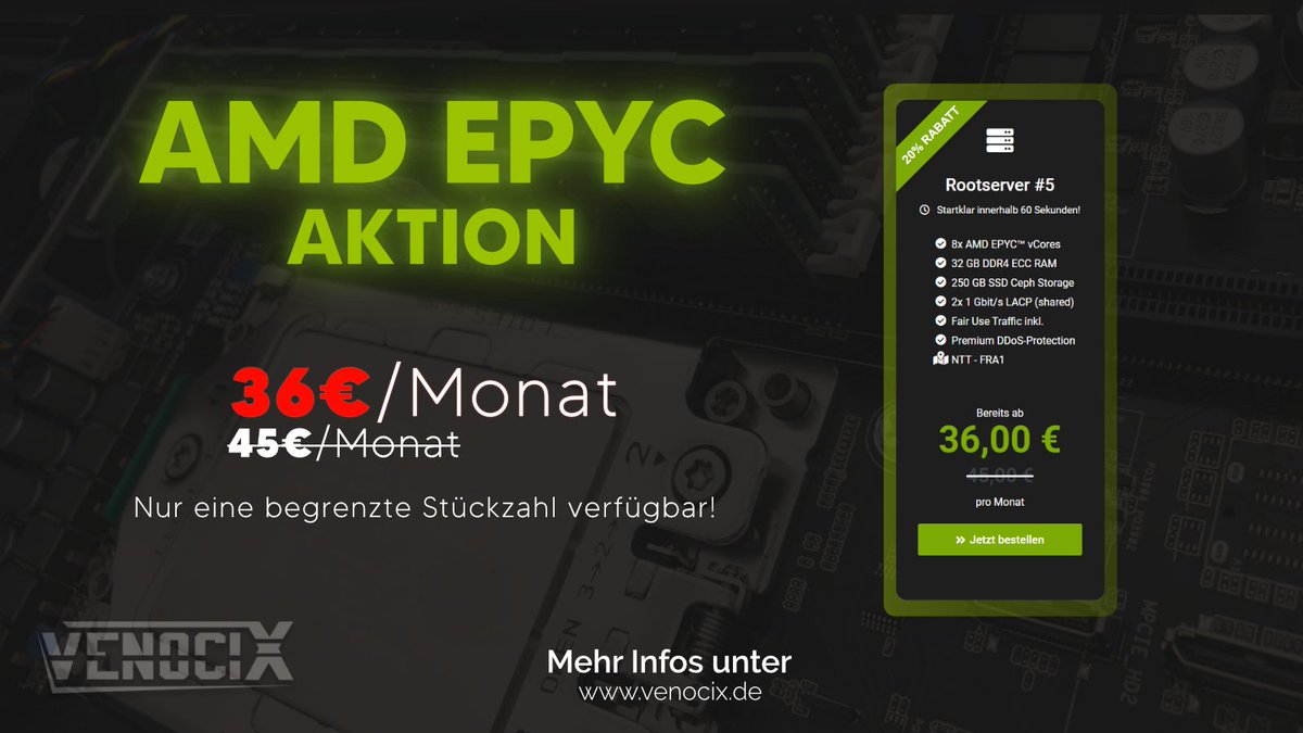 🚀 AMD EPYC AKTION!

Schnapp dir jetzt die leistungsstarken #AMD #EPYC Server zum unschlagbaren Preis! 💪🔥 Verpasse nicht unsere exklusive Aktion und sichere dir bis zu 20% Rabatt auf ausgewählte Modelle. 

Nur für begrenzte Zeit! ⏳🚀

👉 venocix.de/power-rootserv…