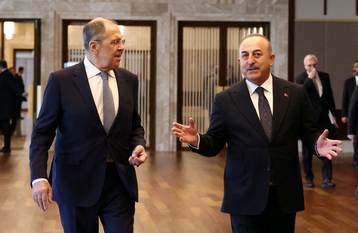 trtworld's tweet photo. Turkish FM Mevlut Cavusoglu meets his Russian counterpart Sergey Lavrov on sidelines of Türkiye, Russia, Iran and Syria quadrilateral meeting in Moscow https://t.co/CNW1pyIdoz