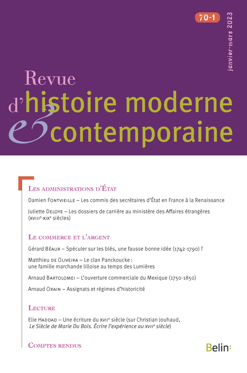 revuehmc's tweet photo. Le numéro 70-1 de la Revue d'histoire moderne &amp; contemporaine est maintenant disponible. Articles à découvrir en ligne (https://t.co/eUvnACs1fe) ou en imprimé (https://t.co/t9Sk1ZvZO4). #rhmc
@Revues_Belin
@Cairninfo https://t.co/BawQ9Rki5I