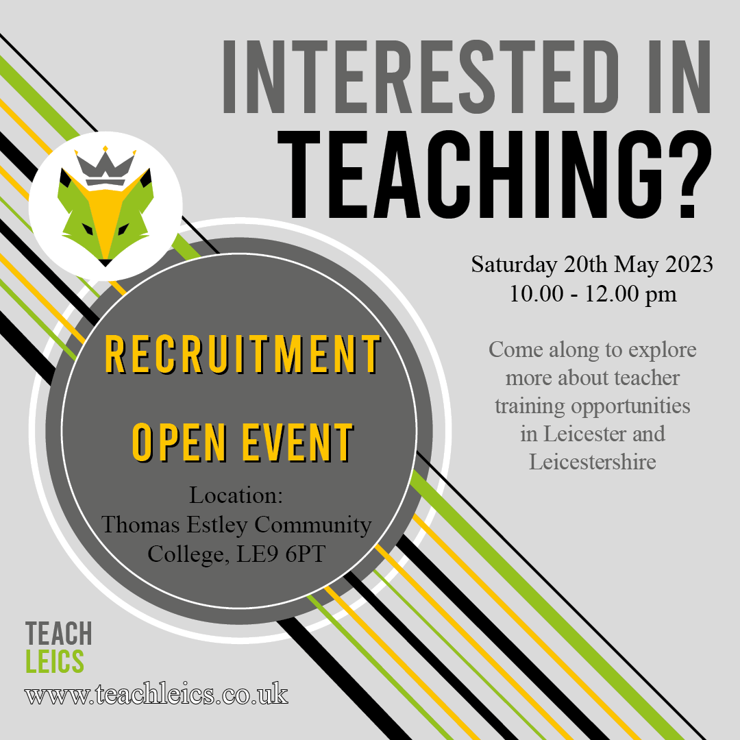 The countdown to our next recruitment open event begins today! 

Teach Leics are hosting an in-person open event on Saturday 20th May at Thomas Estley Community College.

Book your place here: train-to-teachMay.eventbrite.co.uk 

#teachertraining #becomeateacher #teaching #teachleics