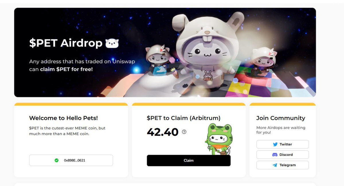 AE cày ARB ăn liên tục :))
🌟Hellopets - PET

👉hellopets.world/activity/1/?in…

🔹Giao dịch trên uniswap trên 100$ trong 6 tháng qua vào check - đang lag nên đợi một chút nó mới hiện số token mình có được, trên 20 token hẵng claim, không thôi, như trong hình là khoảng 10$