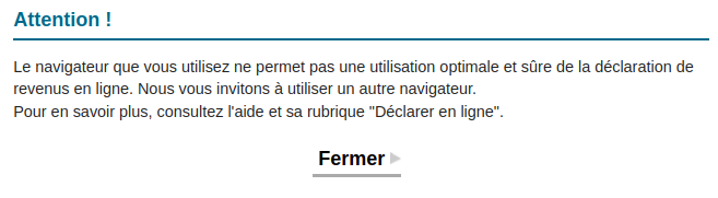 Tiens, les impôts n'aiment pas Firefox. Pour des raisons de souveraineté, ils demandent sans doute d'utiliser Chrome ? 

#fractureNumérique