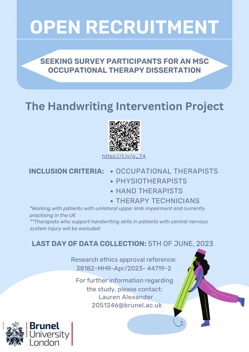 Calling OTs/physios and hand therapists who support the transfer of handwriting skills. Participants needed for short online survey. #occupationaltherapyresearch #occupationaltherapy #handtherapy @Bruneluni @RnohTherapies @hoopoe_swana @RMTehrany @RCOT_NP @ACPIN_UK
