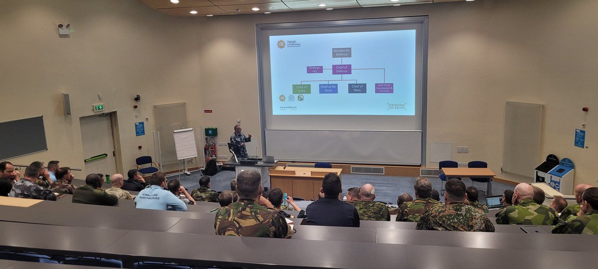 Lieutenant Commander Mike Brunicardi (Irish Military College) delivers the opening brief for the Combined Joint European Exercise in Galway to a range of military students from various European Military Colleges all currently completing their equivalent Command and Staff Course