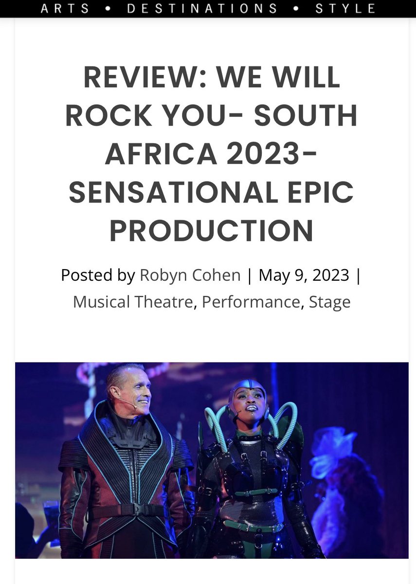 WE WILL ROCK YOU 
review 
“Sensational epic production” 🤖 
<a href="/showtime_sa/">Showtime Management</a> | <a href="/wwrymusical/">We Will Rock You</a> | <a href="/sell_a_door/">Selladoor Worldwide</a> | 
<a href="/ArtscapeTheatre/">#ArtscapeTheatre</a> 
#director #choreographer 
🤖thecaperobyn.co.za/review-we-will…