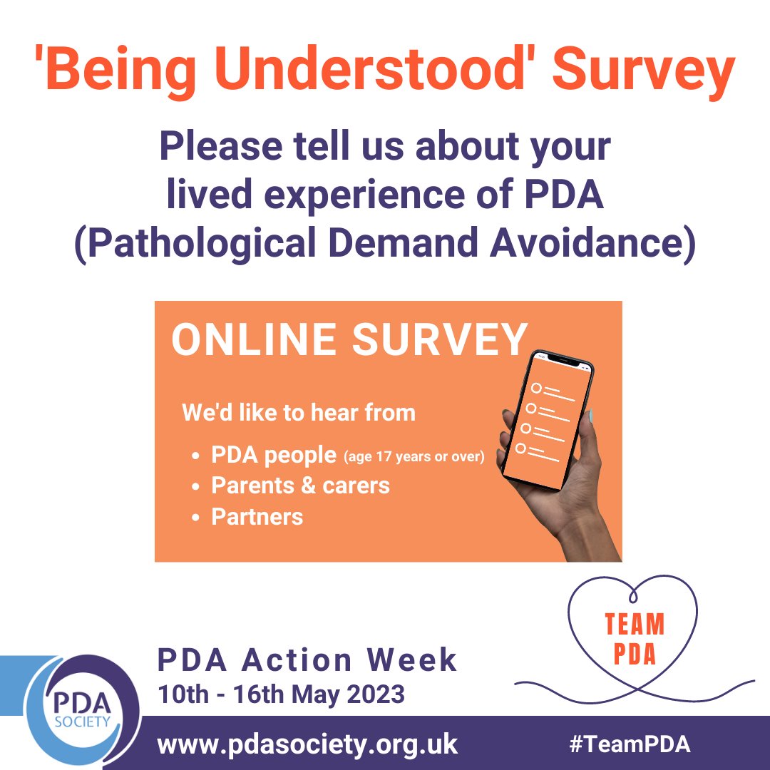 PDASociety's tweet photo. Welcome to #PDADay &amp; #PDAActionWeek 2023! Today we’ve launched our new ‘Being Understood’ survey which is open to #PDA people (age 17 years or over) and parents, carers &amp; partners of PDA people: https://t.co/v1V1eh8eUY

#TeamPDA 1/2 https://t.co/uuqfcmvYbi