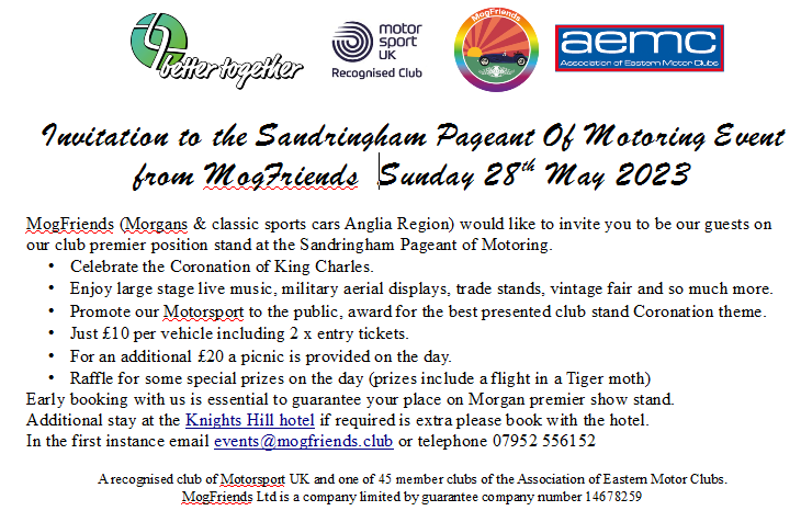 Come and join the MogFriends club on our premier show stand at Sandringham Pageant of Motoring, we have large tents and shelter in case of inclement weather and hope to meet King Charles! #Morgan #Sandringham #Pageant