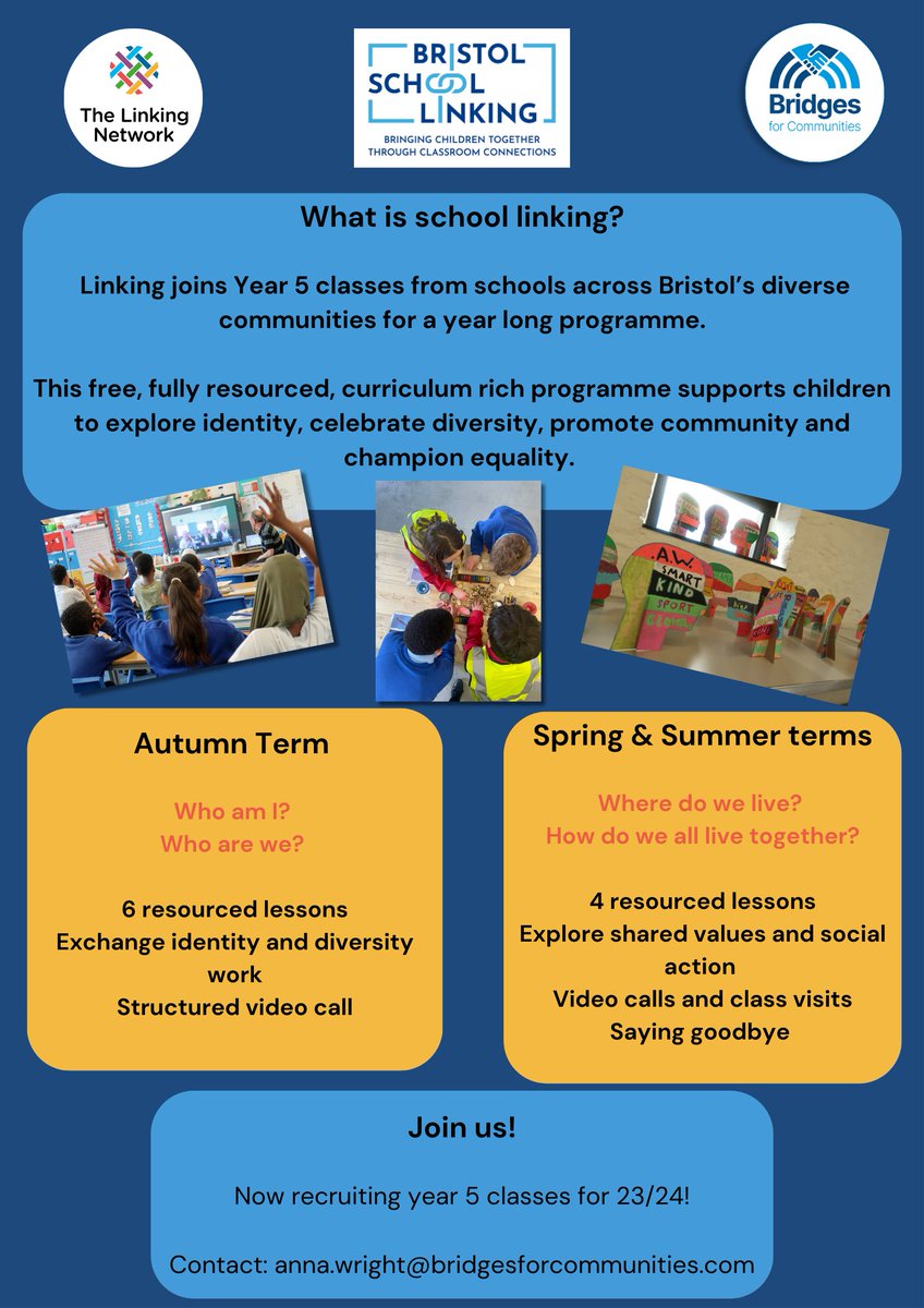 We are welcoming new schools to #schoolslinking from September! 

Get in touch if you would like to find out more about this free project. We'd love to tell you more. 

#bristol #year5 #community #belonging